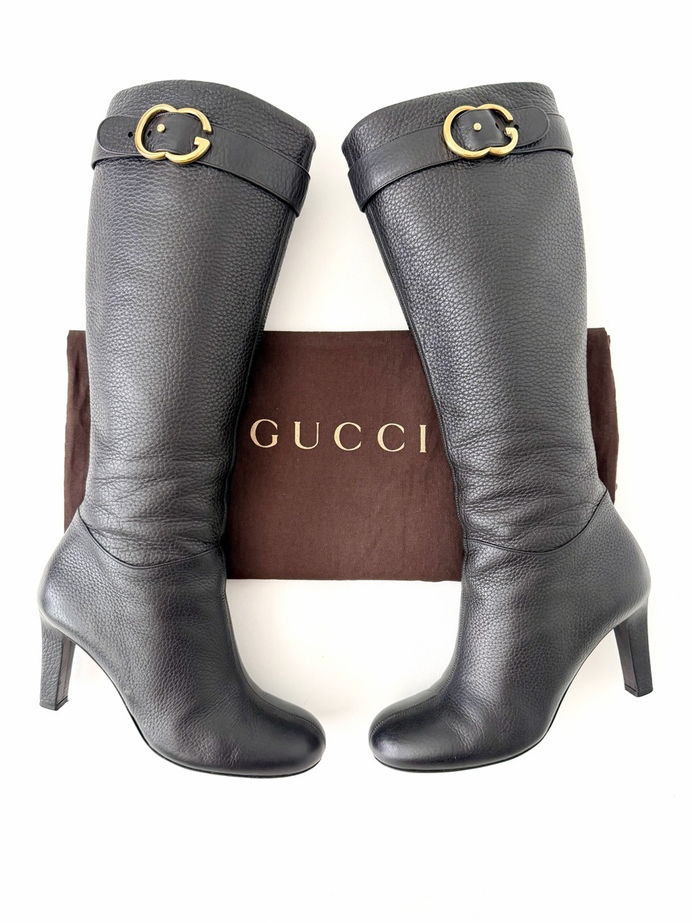 GUCCI | Double G Belted Knee High Boots Black Pebbled Leather EU 37